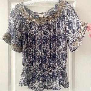 Sundance 100% Silk Blue & Cream Blouse with Bronze Beaded Trim